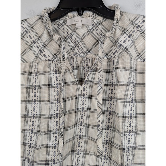 Ann Taylor Loft Plaid Ruffle Tie Neck Blouse Shirt Top Size XXSP Long Sleeve - Picture 2 of 8